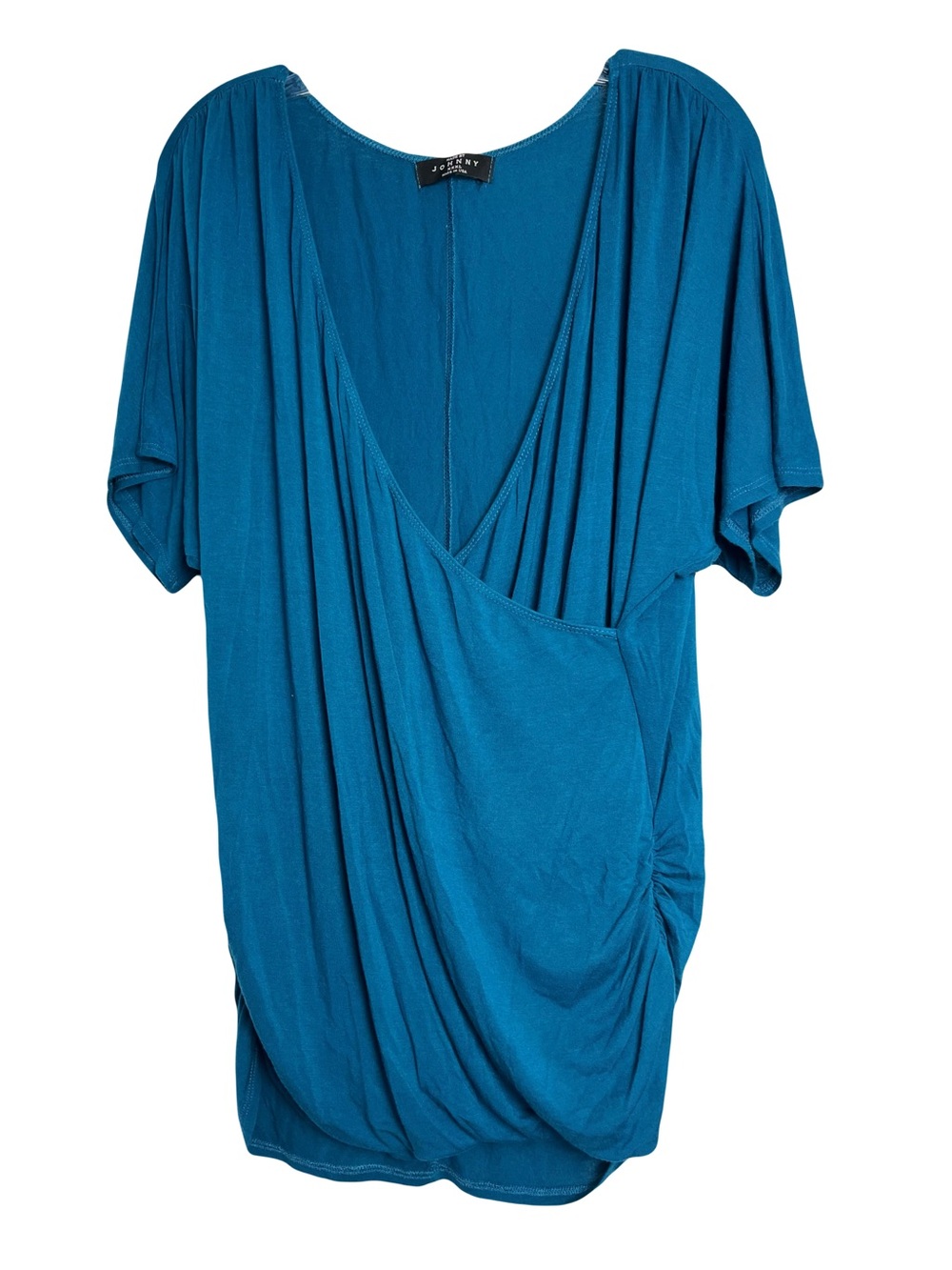 Made By Johnny | Teal Ruched Surplice Wrap Short Sleeve V-Neck Top, 3XL